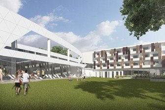 Neue Bäderarchitektur für Bad Elster - Millionenprojekt nimmt Form an - Das Vier-Sterne-Hotel (rechts) grenzt direkt an das Thermalbad (links) an. Im Außenbereich sind Liegeflächen geplant. 