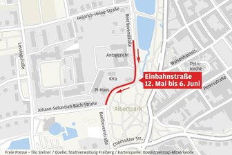 Neue Einbahnstraße in Freiberg für vier Wochen: In der Beethovenstraße wird gebaut - Die Beethovenstraße ist ab Montag auf einem Teilstück nur in einer Richtung befahrbar.