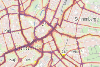 Neuer Lärmatlas für Sachsen: Hier ist die Gesundheitsgefahr besonders groß - Alles in Violett getaucht: Die Anwohner der Chemnitzer Hauptverkehrsadern und der Innenstadt sind einem deutlich zu hohem Lärmpegel ausgesetzt.