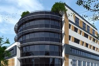 Neundorfer Straße erhält bis 2024 neues Ärztezentrum - Bis Frühjahr 2024 soll an der Neundorfer Straße dieses Strahlentherapie-Zentrum errichtet werden. Grafik: Büro Heiko Sünderhauf