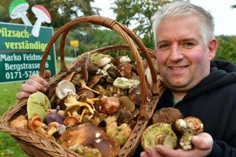 Pilzberater Marko Feldmann aus Dittersbach mit einem Korb voller Speisepilze. Schönfußröhrling, Gallenröhrling und Düsterer Röhrling in der linken Hand sind ungenießbar und gehören nicht auf die Speisekarte.