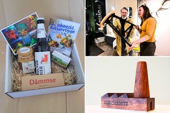 Noch keine Geschenk-Idee? Chemnitzer Originale zwischen 10 und 300 Euro - Ideen für den Weihnachtsmann: Das Genuss Set Chemnitz, der Rowac-Schemel und ein Räucherhaus.