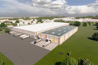 Norma baut in Rossau Tiefkühl- und Kühlzentrum und schafft neue Jobs - So soll das neue Tiefkühl- und Kühllogistikzentrum einmal aussehen. Die Dachfläche wird mit Solarmodulen bestückt, mit denen ein Großteil des Strombedarfs abgedeckt werden soll. Die größere Halle davor ist das bereits bestehende Logistikzentrum. 