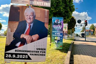 Obwohl er der einzige Kandidat in Hainichen ist: Darum macht OB Dieter Greysinger Wahlwerbung - Oberbürgermeister Dieter Greysinger auf einem seiner Wahlplakate an der Bahnhofstraße in Hainichen.