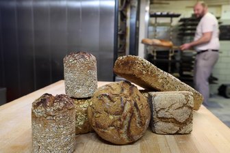 Öko ja, Bio nein: Warum die Bäckerei in Heinrichsort auf Urgetreide setzt - Das Sortiment von Urgetreide-Broten wird ständig erweitert, hier präsentiert Bäckermeister Marcel Müller einige.