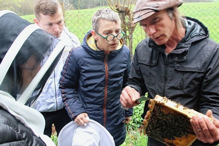 Österreichische Biene ist bei Imkern Favorit - Frank Heckers zeigt den Kursteilnehmern, wie man behutsam die Rahmen sauber macht. 