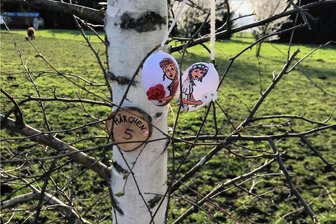 Ostereierpfad in Lichtenau: Rätsel um versteckte Märchen gelöst - In der Nähe der Kuhweide sind an einer Birke Motive von Schneeweißchen und Rosenrot auf zwei Eiern zu sehen. 