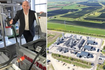 Partner in Freiberg und Chemnitz produzieren erstes Klima-Benzin aus Sonnenstrom, Wasser und CO₂ - Martin Gräbner an der E-Fuel-Tankstelle in Freiberg: Mit dänischem E-Methanol aus der neuen Anlage in Kassø (r.) wurde jetzt erstmals strombasiertes synthetisches Benzin hergestellt.