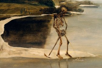 Passend zur Schwarzen Szene des WGT in Leipzig: Schau zur Begräbniskultur - "Der Tod am Wasser" (Der pinkelnde Tod) von Max Klinger (1857 bis 1920). Das 1881 entstandene Bild wird vom Museum der Bildenden Künste in Leipzig aufbewahrt. Der Tod ist in dieser Darstellung nicht der lebensbedrohende Begleiter des Lebens. Als eher einsamer Geselle muss er einer menschlichen Notdurft gehorchen.