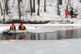 Penig: Vermisste vermutlich in Eis eingebrochen - Feuerwehrleute suchten die Mulde nach der Vermissten ab.