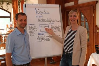 Per Mitarbeiter-App erfahren, was in der Firma passiert - Matthias Haase, der Projektmanager Mittelstand-Digital, und Referentin Dominique Teuber von Personal Qonzept beim Workshop in der Zwönitzer Brauerei. 