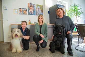 „Pfötchentreff“ in Bad Elster: Wenn der beste Freund mit zur Reha kommen darf - Klinikleiterin Madeleine Wächter (Mitte) mit zwei Patientinnen und ihren Hunden.