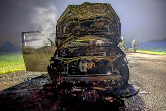 Pkw gerät bei Rossau in Brand - Der Pkw Skoda brannte vorn völlig aus. Die S 201 blieb während der Löscharbeiten voll gesperrt.