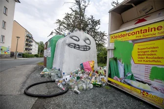 Plauener Mängelmelder: Welches Ärgernis das Bürger-Ranking anführt - Am Containerstandplatz Dittesstraße/Comeniusstraße stapelte sich im Sommer 2023 nicht zum ersten Mal das Leergut.