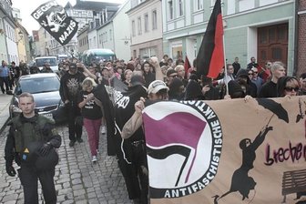 
              <p class="artikelinhalt">Der Demonstrationszug der Linken zieht durch die schmalen Straßen von Burgstädt, hier auf der Robert-Koch-Straße. </p>
            