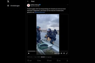 Polizeigewalt in Riesa richtete sich gegen Menschen und einen Hund - Der Polizeihund wusste nicht, wie ihm geschah. Der Hundeführer auf der Riesaer Elbbrücke der B169 warf das Tier dem Demonstranten regelrecht entgegen. So sehr, dass der Demonstrant um den Hund bangen musste. Das Video wurde auf der Plattform X von der „Berliner Zeitung“ eingestellt.
