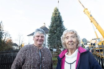 Prachtexemplar: Eine 14 Meter hohe Colorado-Tanne aus dem Plauener Westend schmückt den Weihnachtsmarkt der Spitzenstadt - Baum-Spenderin Regina Keil (rechts) freut sich mit ihrer Nachbarin Ramona Schilbach darüber, dass jetzt bald viele Menschen eine kurze Zeit Freude an dem Prachtstück haben werden.