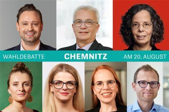 Private Krankenkassen abschaffen und Gemeinschaftsschulen einführen: Das waren die Themen der Wahldebatte in Chemnitz - Das sind die Teilnehmer der Wahldebatte. Obere Reihe v. l.: Alexander Dierks (CDU), Steffen Wegert (AfD), Renata Marwege (SPD). Untere Reihe v. l.: Coretta Storz (Grüne), Susanne Schaper (Linke), Norma Grube (FDP) und Ronny Kupke (BSW). Bild: Frost