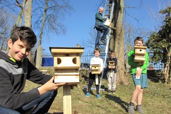 Projekt: Kinder wollen es in Geringswalde zwitschern hören - Tim (vorn) ist stolz auf seinen Nistkasten, der jetzt im Pfarrgarten angebracht wurde.