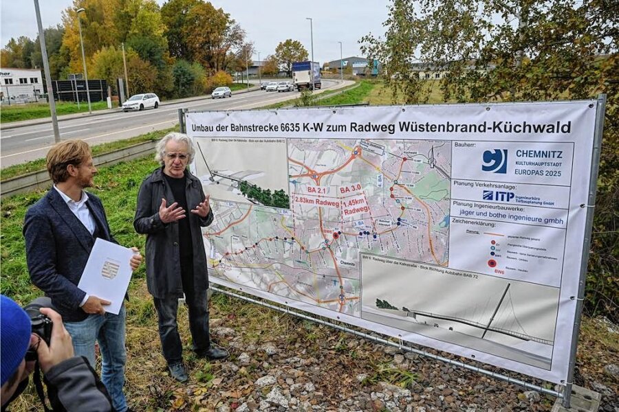 Radweg in Chemnitz wird begrünt - Im Oktober 2021 stellten Bürgermeister Michael Stötzer (l.) und Planer Eckard Bothe die Pläne für den Radweg vor. 