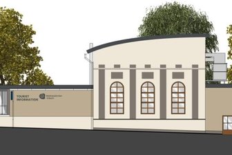 Räte halten an alter Schrift fest - Die künftige Ansicht des Alten Schlosses von der Kirchstraße: Links der neue Anbau Tourist-Info, daneben der herausgehobene Saal. 