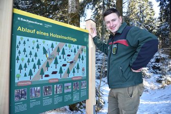 Rätseln und Spuren im Wald: „Eckis Naturlehrpfad“ hat neue Schautafeln erhalten - David Neubert vom Sachsenforst an einer Tafel, die über den Ablauf eines Holzeinschlags informiert.