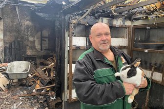 Rassekaninchenzüchter aus Glauchau nach Feuer-Drama: „Im Kopf dreht man fast durch“ - Matthias Baumgart mit einem der überlebenden Holländer-Kaninchen. Im Hintergrund sind die Folgen des Feuer-Dramas zu sehen.