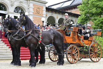 Rassige Pferde und edle Kutschen bei der 20. Equipage in Bad Elster: Hunderte Schaulustige verfolgen das traditionelle Pfingst-Spektakel - Hartmut Jacob aus Wohlhausen mit einer Friesen-Troika vor der Shooting-Break-Kutsche.
