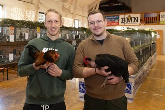 Rassiges aus dem Erzgebirge: Wo es besonders viele vorzügliche Hühner und Tauben gibt - Ausstellungsleiter und selbst stolze Züchter: Chris Weichert (links) hat für seinen Antwerpener Bartzwerg wachtelfarbig 97 von 97 möglichen Punkten bekommen, Hendrik Zimmermann für sein Nackthalshuhn schwarz.
