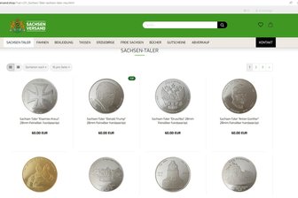 Rechtsextreme „Freie Sachsen“ bewerben eigene Währung – „König Peter“ sagt: alles okay - Auch das Konterfei von Donald Trump (oben, 2. von links) ist unter den Motiven des „Sachsentaler“-Angebots im Versandshop der „Freien Sachsen“.