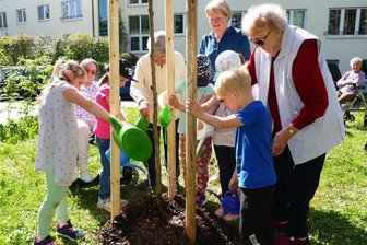 „Regenbogen“ bringt Bewohner des Zschopauer Seniorenzentrums zum Strahlen - Gemeinsam versorgten die Kinder der Kita Regenbogen und die Bewohner des Zschopauer Seniorenzentrums den frisch gepflanzten Baum gleich mal mit Wasser.