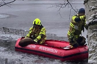Reh bricht bei Rodewisch im Eis ein - Per Schlauchboot wurde das tote Tier geborgen und ans Ufer gebracht.