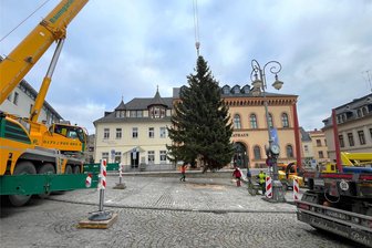 Reichenbach sucht schon Weihnachtsbäume - Ende November vergangenen Jahres wurde der Weihnachtsbaum vor dem Reichenbacher Rathaus aufgestellt.