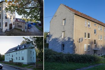 Remse schnürt Immobilienpaket: Spült der Verkauf von Wohnungen mehr als 600.000 Euro in die Gemeindekasse? - Die Häuser tauchen auf der Verkaufsliste auf (von oben links im Uhrzeigersinn): Bahnhofstraße 1, Am Berg 74/74a und Grünfelder Straße 10.