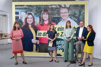„Richtig wichtig“: Sachsens Grüne wollen im Landtagswahlkampf mit Zuversicht punkten - Sachsens Grüne stellen am Montag in Dresden ihre Landtagswahlkampagne vor:. Das Spitzentrio aus Fraktionschefin Franziska Schubert (v.r.n.l.), Vizeregierungschef Wolfram Günther und Justizministerin Katja Meier plakatieren „Für ein Sachsen, in dem die Zuversicht regiert“.