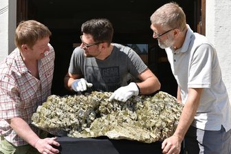 Riesige Fluorit-Stufe wird in Freiberg ausgestellt - Terra Mineralia Präsentiert die größte Fluorit-Stufe Sachsens im Krügerhaus. Im Bild von links: Thomas Grütze von der Firma Freiberger Silicium Bearbeitung (FSB), Martin Reiber von der TU BAF Master Chemie und Joachim Münzner von FSB.