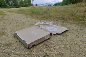 Roma sind aus Zwickau abgereist – was haben sie zurückgelassen? - Ein Pizzakarton auf der Wiese in Eckersbach gehört zu den harmloseren Hinterlassenschaften der abgereisten Gruppe.