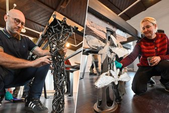 Roter Turm soll Kulturhauptstadt-Leuchtturm in der Chemnitzer Innenstadt werden: Künstler bauen Eisentisch auf - Michal Staszczak und Susanne Roewer mit den von ihnen gestalteten Tischbeinen. Am Tisch wirkten außerdem Anna Franziska Schwarzbach, Pawel Czekanski und Andreas Glaser mit.