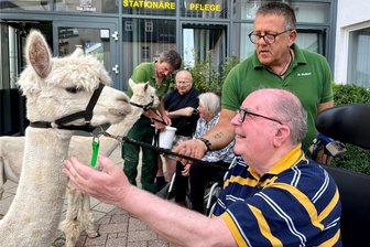 Rückbesinnung auf die Wurzeln: Pflege im Erzgebirge künftig naturnah - Peter Risse (vorn), Bewohner des Pflegeheims in Langenberg, hat längst Freundschaft geschlossen mit den vierbeinigen, tierischen „Mitbewohnern“, die von André Huber (r.) und Falk Wendrock (hinten) liebevoll versorgt werden. Jeden Freitag gibt es Streicheleinheiten, was von beiden Seiten als „Genuss“ empfunden wird.