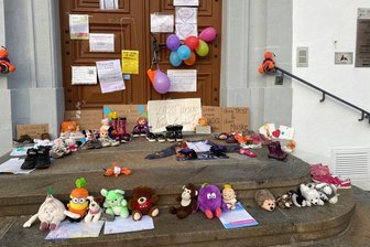 Rund 30 Kinderschuhe vor dem Freiberger Rathaus - 