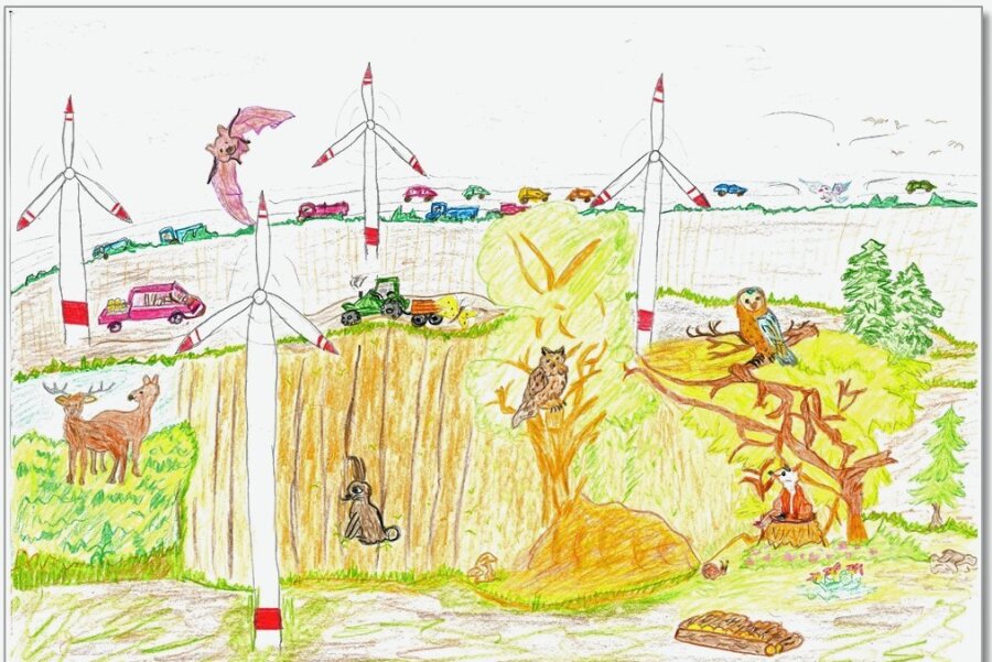 Sachsen - Land der Windkraftgegner? Von wegen: Dieses Dorf liebt Windräder - Das Siegerbild zum Windparkfest: Helena Keil aus der Klasse 4 der Grundschule Sitten zeichnete ihre Heimat.