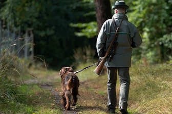 Sachsenforst verteidigt Abschuss von Rotwild - Ein Sachsenforst-Mitarbeiter ist mit Gewehr und Jagdhund unterwegs. Der Staatsbetrieb weist die Kritik an der Jagdpraxis zurück.