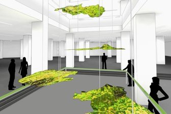 Das ist ein Computer-Bild des sogenannten "Sachsen-Tisches", den es im Chemnitzer Archäologiemuseum geben wird. Er bildet die Umrisse des heutigen Freistaates nach, hängt an Seilen und wird sich vom Foyer des Hauses aus zwischen den Etagen des umgebauten Kaufhauses auf und ab bewegen.