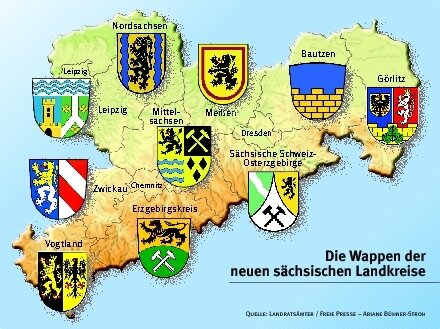 Sachsens Landkreise haben neue Wappen - 
              <p class="artikelinhalt">Die Wappen der Landkreise Zwickau und Leipzig müssen von den Landesdirektionen noch genehmigt werden.</p>
            