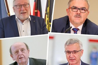 Sachsens Landräte: Die Macht im Land - Kompletter Generationswechsel: Mit Mittelsachsens Matthias Damm (68), dem Erzgebirger Frank Vogel (65), dem Zwickauer Christoph Scheurer (65) und dem Vogtländer Rolf Keil (66/alle CDU/von links oben nach rechts unten) hören alle Landräte in Südwestsachsen gleichzeitig auf - weil sie die bei 64 Jahren liegende Höchstaltersgrenze für Kandidaten überschreiten.
