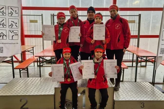 Sächsische Meisterschaft: Toller Saisonabschluss für Mylauer Eisschnellläufer - Gut gelaunt in Crimmitschau: Amelia Arndt, Levi Weise, Trainer Ralf Brückner, Wilhelm Ketzel, Trainerin Franziska Fiebig (hinten von links) sowie Annie Brenner und Annabelle Nehring (vorn von links).