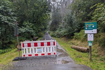 Sächsische Schweiz: Beliebter Parkplatz ab sofort lange gesperrt - In diesem Waldweg im Großen Zschand werden in den nächsten Wochen und Monaten eine Trockensteigleitung und ein Breitbandkabel verlegt. Für die Lagerung des Baumaterials musste nun der gesamte Parkplatz Neumannmühle gesperrt werden.