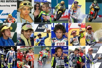 Saisonstart der Motorrad-WM in Katar: Das Jahr eins ohne Rossi - Valentino Rossi im Wandel der Zeit auf dem Sachsenring, von 1998 (links oben) bis 2021 (rechts unten): In den 24 Jahren hat der Superstar nur einmal gefehlt, und das zwangsläufig: 2020 wurde der Grand Prix wegen der Pandemie abgesagt, im Vorjahr waren keine Fans zugelassen. 