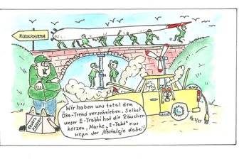 Satire zum Wochenende: Mit dem Windrad durch die Stadt - als nächstes kommt der E-Trabi - Go Trabi Go - mit welchem Antrieb, ist auch egal.