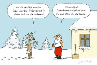 Satire zum Wochenende: Von Coca-Cola-Romantik, Rudolphs Nase und der festlich geschmückten Bürokratie - Auch Rudi hat seine Erfahrungen mit Geschwindigkeit. Karikatur: Jan Kunz